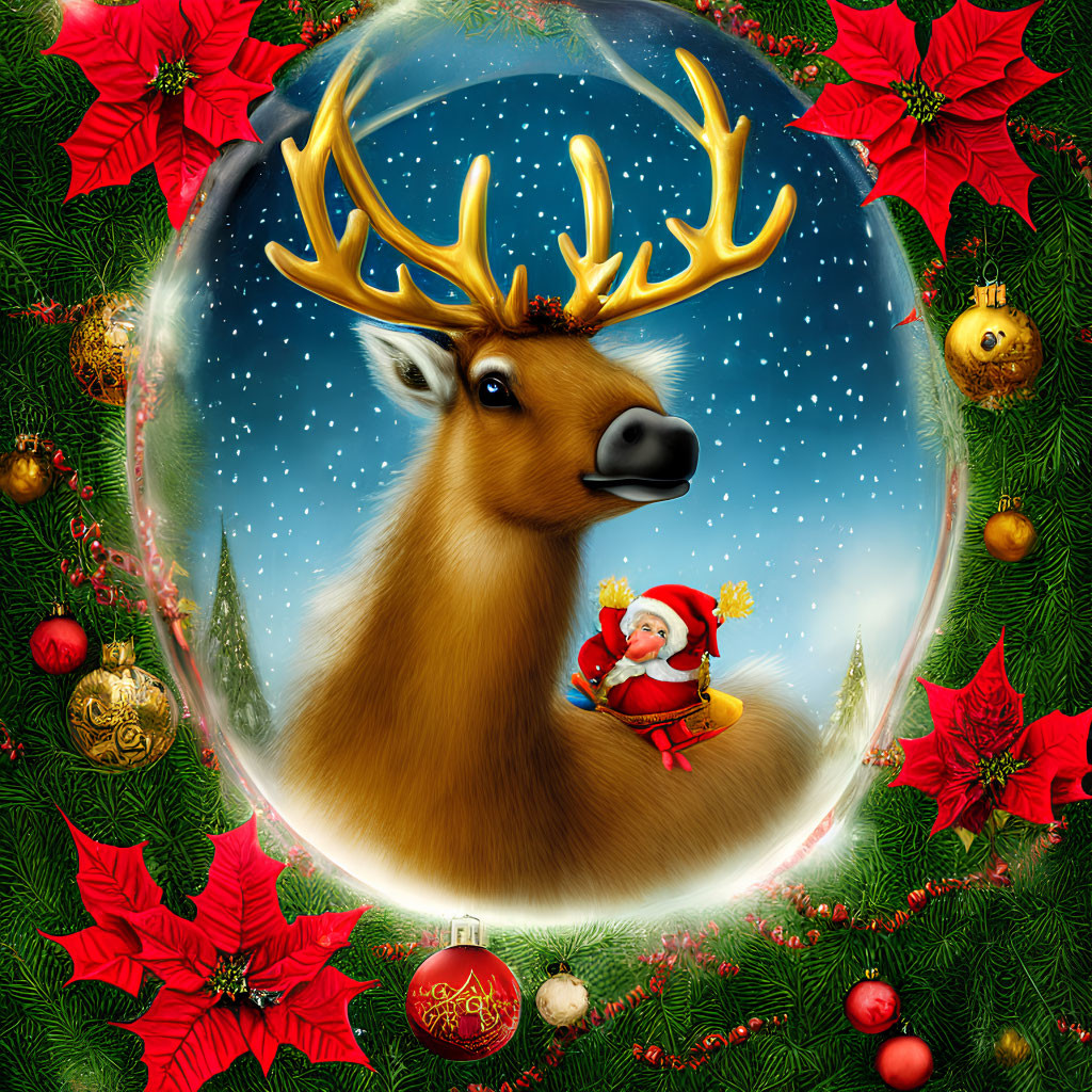 Festive reindeer and Santa Claus in Christmas scene