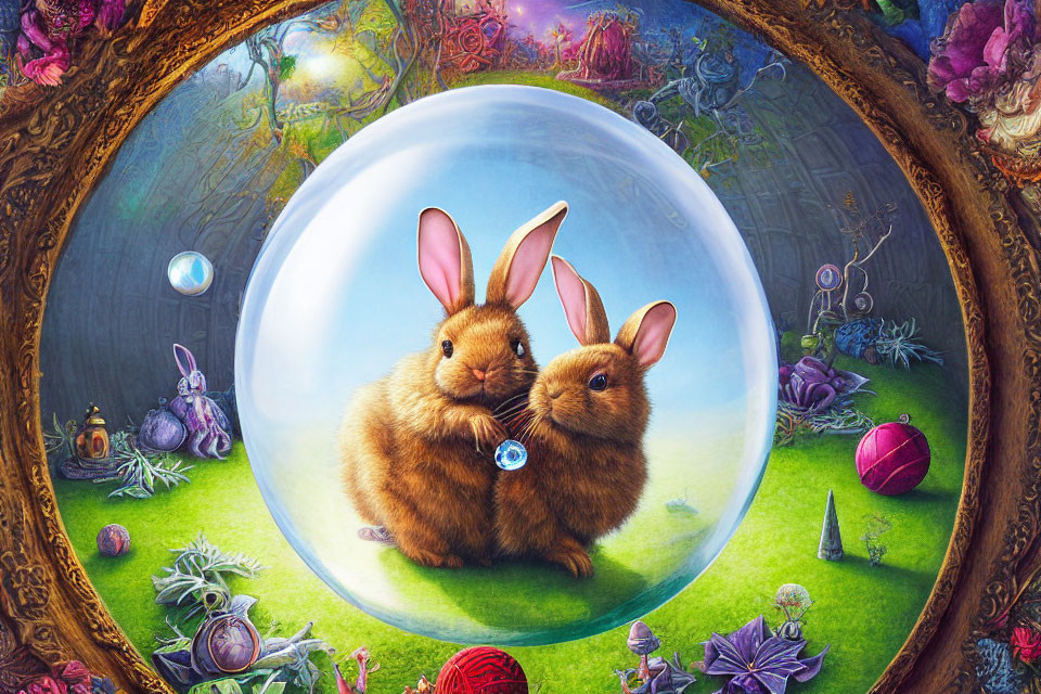 Brown rabbits in bubble with whimsical landscape and mirror frame