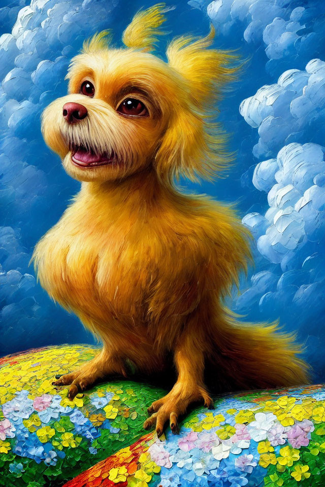 Fluffy Golden Dog Painting on Colorful Flower Surface
