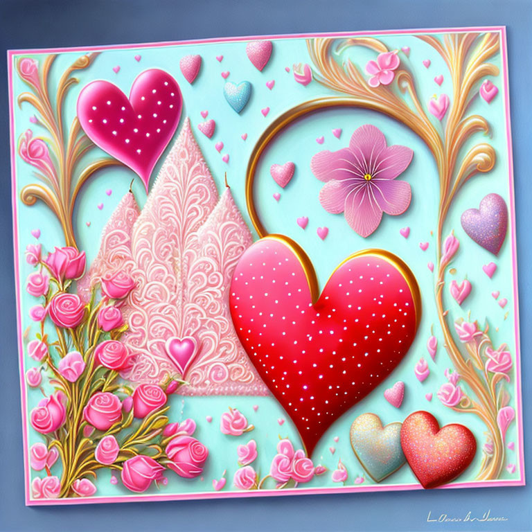 Stylized hearts, flowers, and patterns in pink and red on blue background
