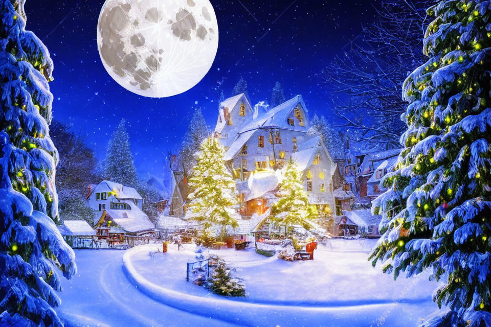 Snowy Winter Night: Moonlit Buildings, Snow-Covered Trees, Stars