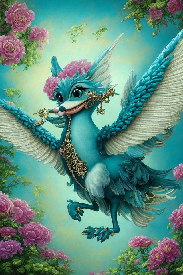 Illustration of Anthropomorphic Blue Bird with Floral Accessories