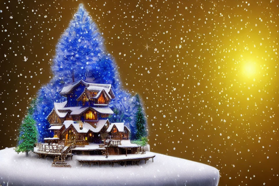Snow-covered multi-level house in festive winter scene