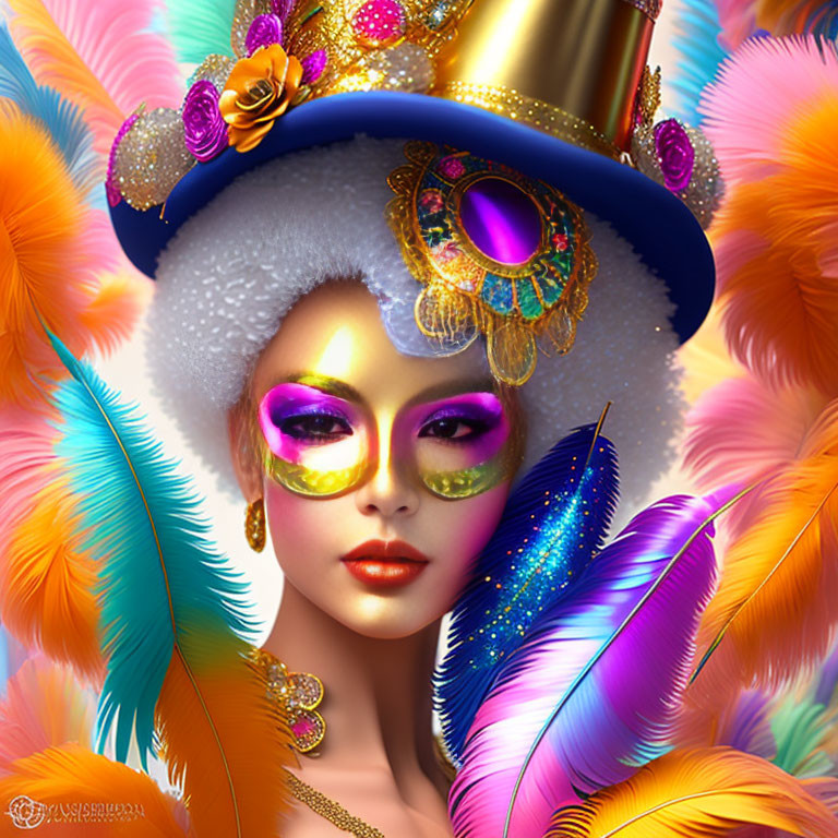 Colorful Carnival Costume with Blue Hat and Feathers