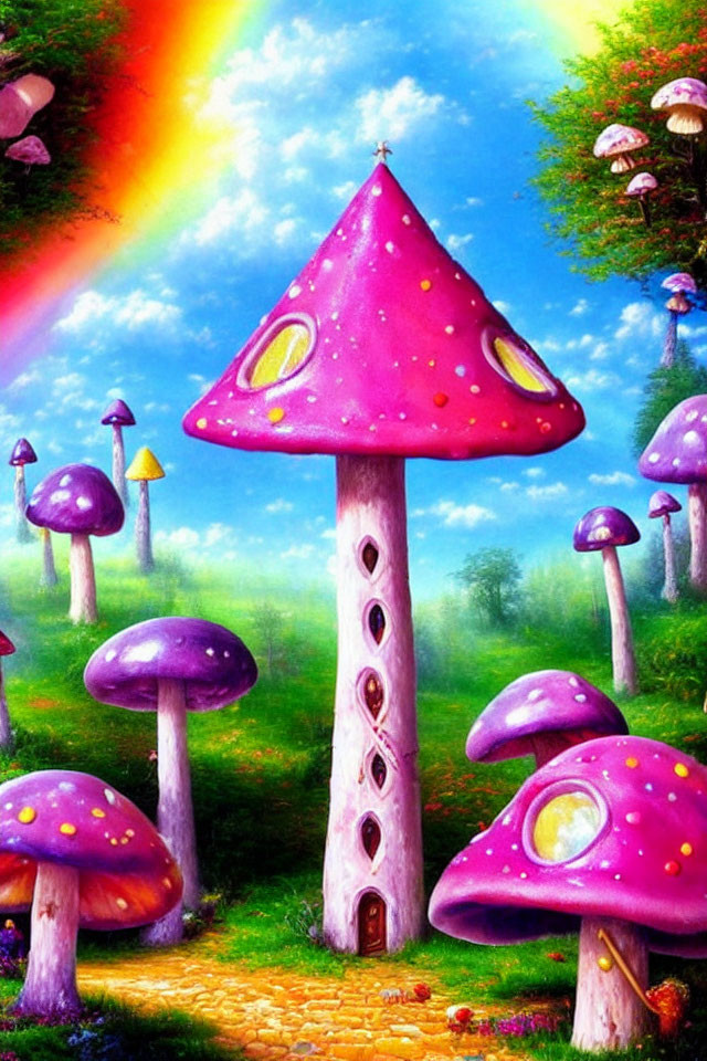 Vibrant Fantasy Landscape with Oversized Pink Mushrooms
