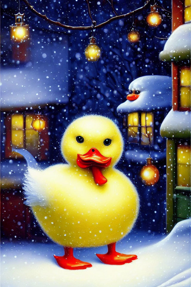 Yellow Rubber Duck with Red Scarf in Snowy Scene with Lanterns and Snow-Covered Houses