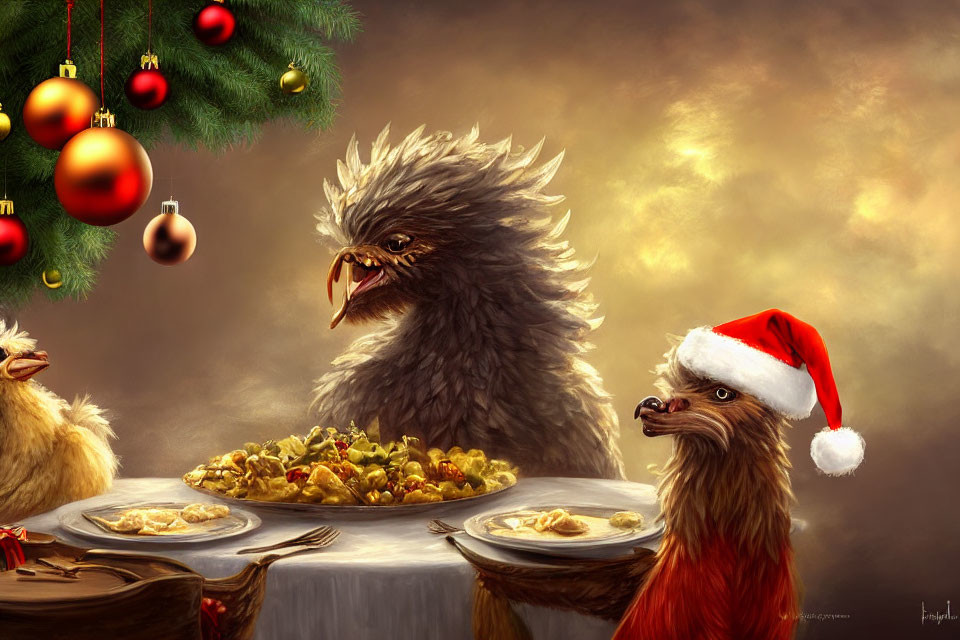 Festive sloth and eagle at Christmas dinner with decorated tree
