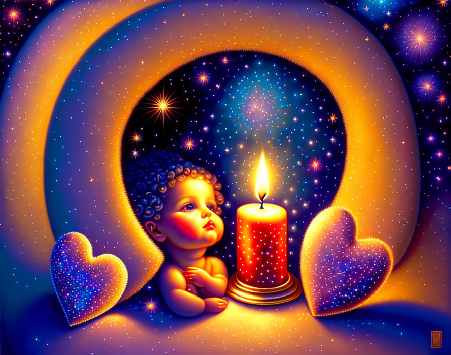 Stylized baby with glowing candle in warm color palette