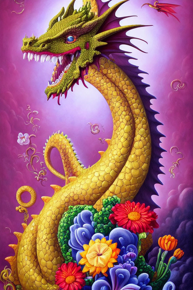 Golden dragon illustration among colorful flowers on purple backdrop