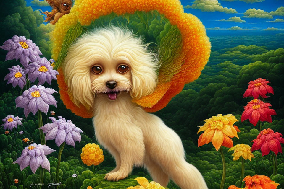 Colorful Digital Painting of Dog with Oversized Flower Mane in Vibrant Landscape