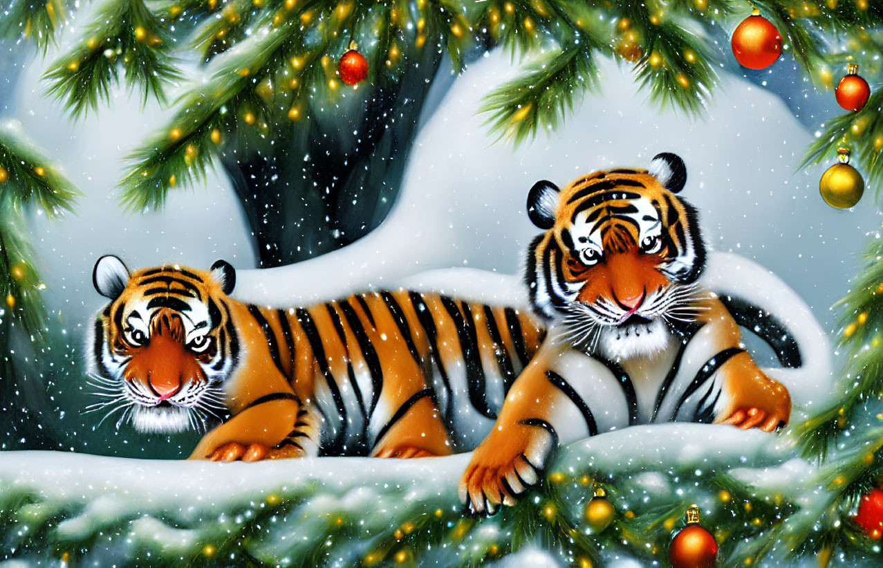 Illustrated tigers with orange and black stripes under snow-covered pine branches with Christmas baubles.