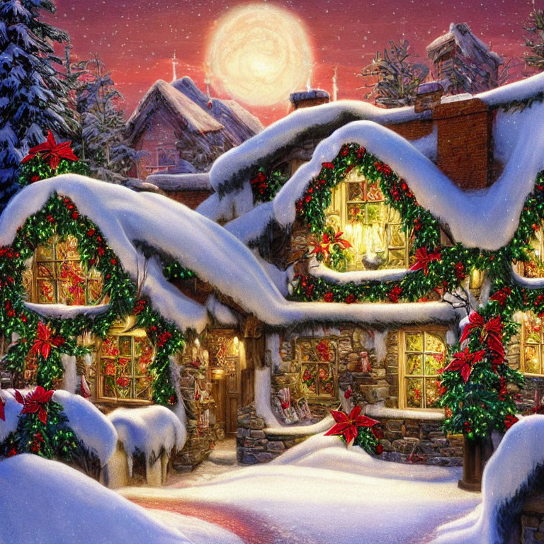 Snow-covered cottage with Christmas decorations under full moon