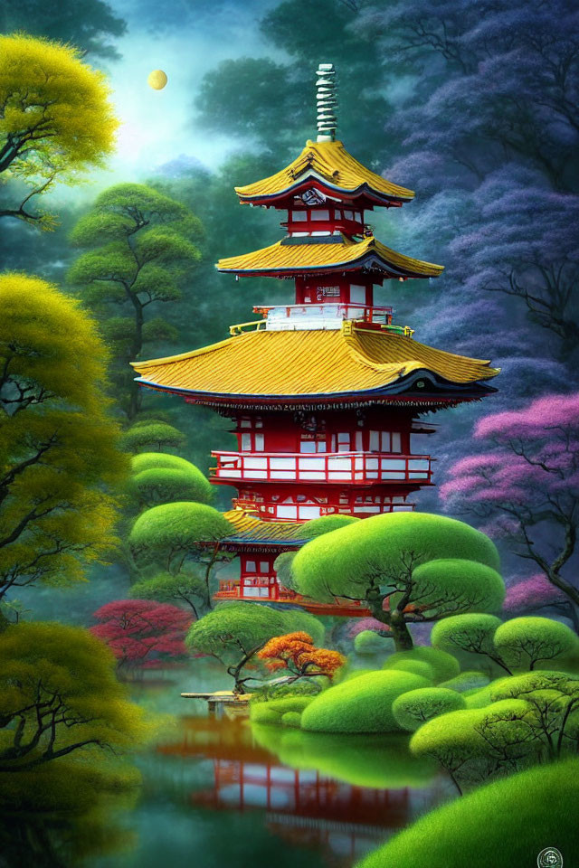 Tranquil pagoda scene with colorful trees, pond, and moon