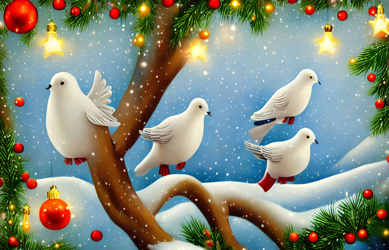 White doves on snow-covered branches with Christmas lights and red baubles in snowy scene