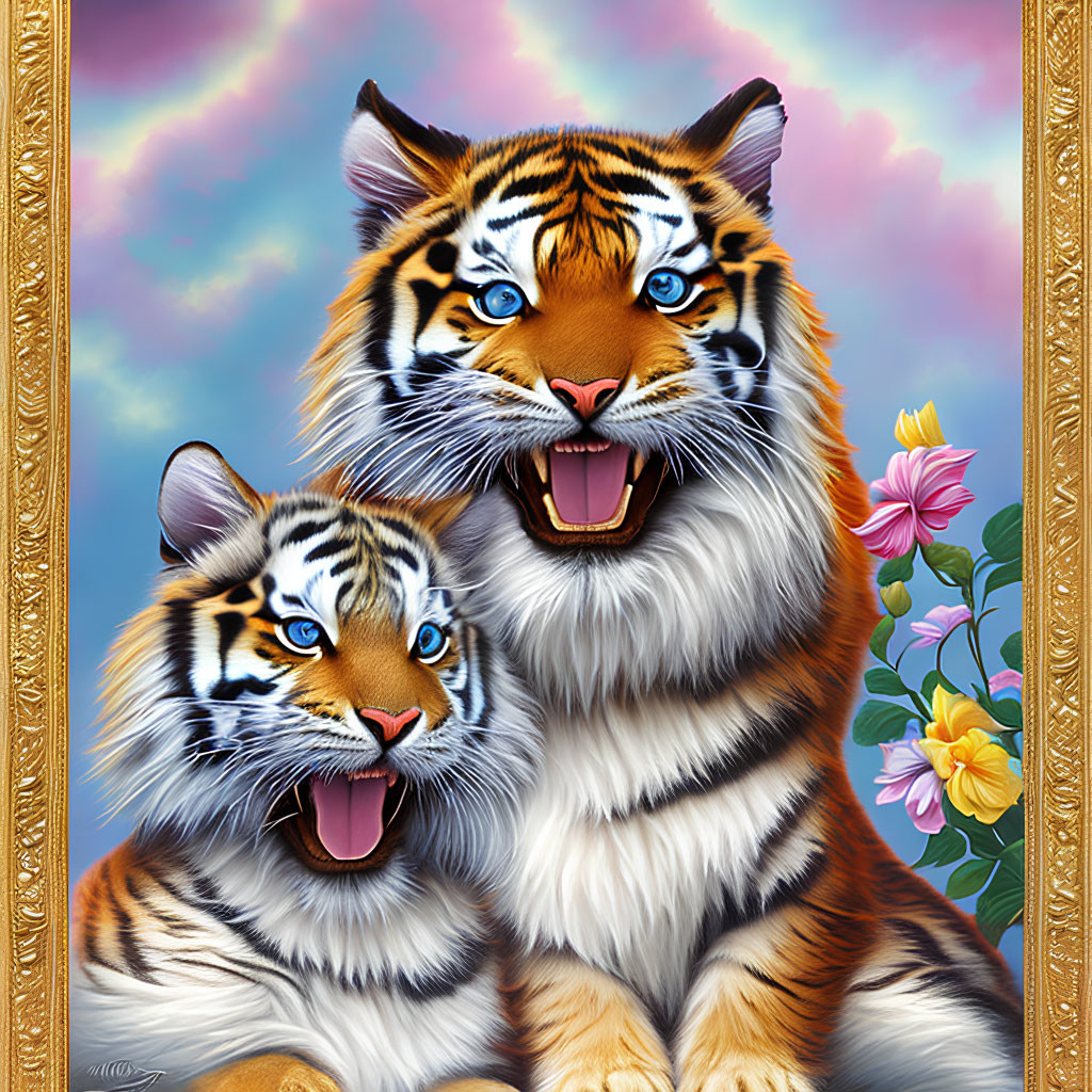 Illustration of roaring tigers among colorful flowers & rainbow sky