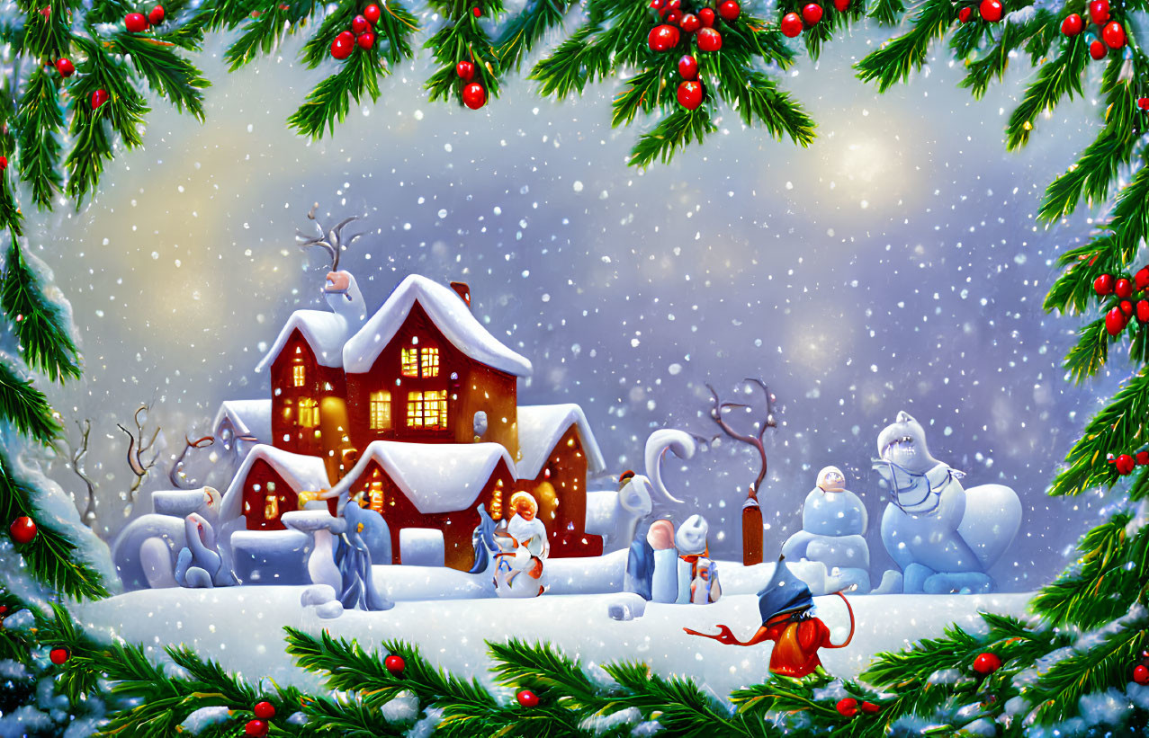 Snow-covered house, snowmen, and twinkling lights in winter scene