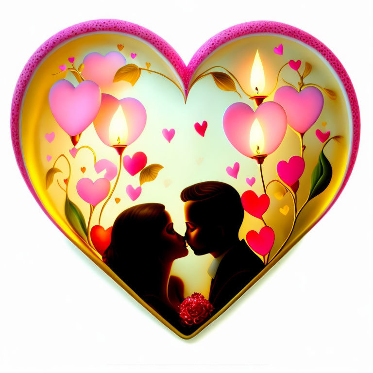 Romantic Couple Illustration in Heart Frame with Floral Motifs