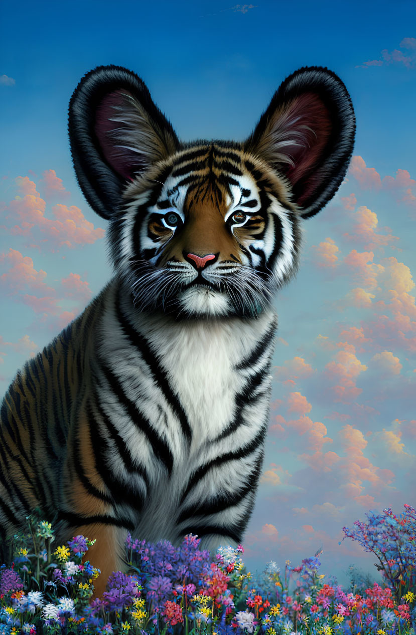 Illustrated tiger with oversized ears in colorful wildflower setting