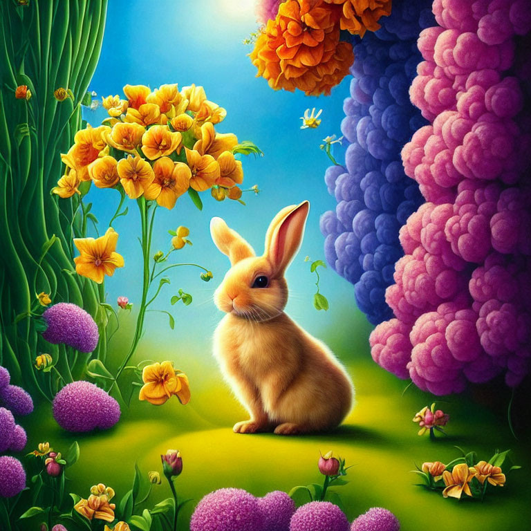 Colorful Rabbit Surrounded by Oversized Flowers in Bright Sky