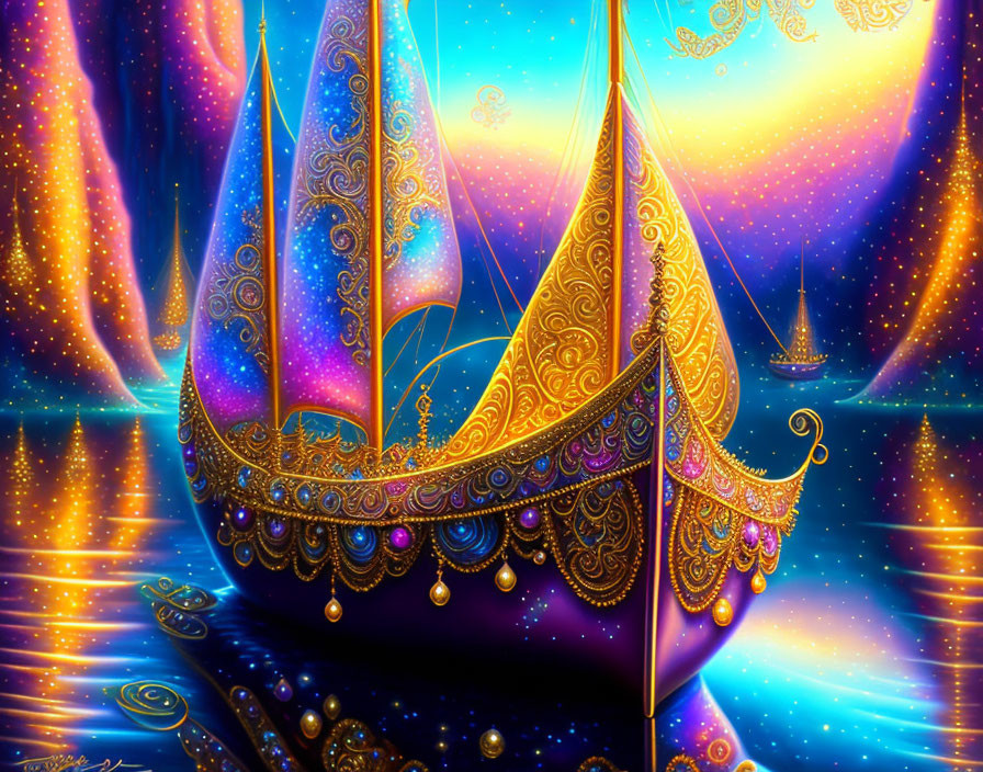 Fantasy artwork: Golden sailboats on starry water surface