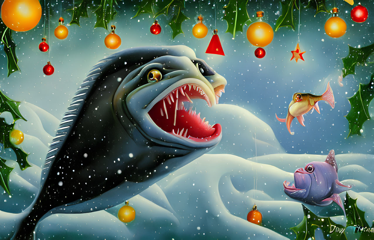 Whimsical shark illustration with festive elements