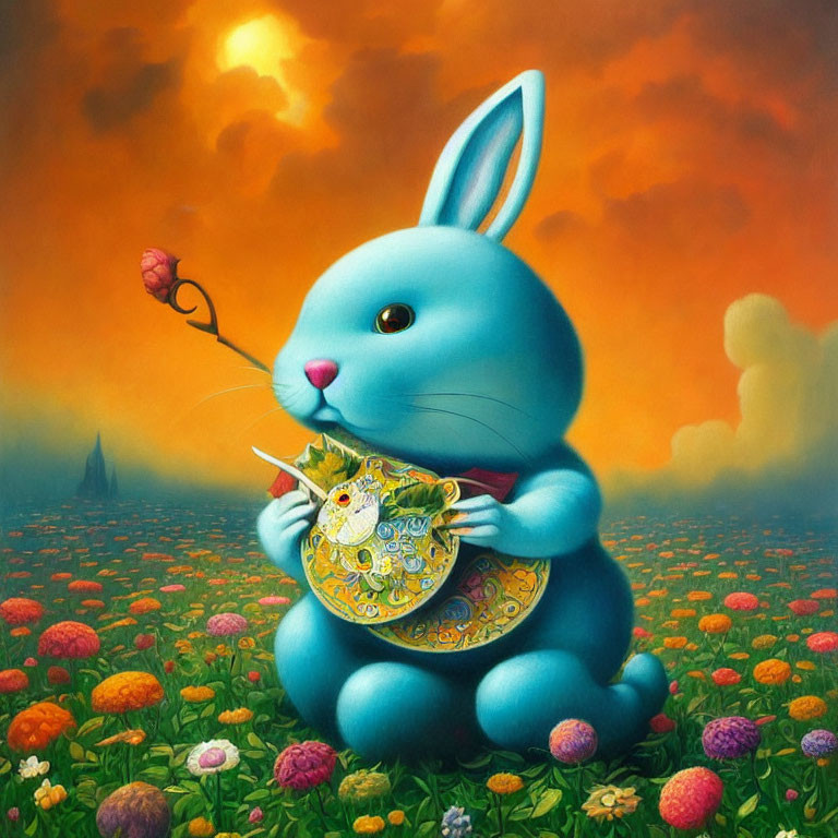 Colorful painting: Blue rabbit with decorated egg in flower field at sunset