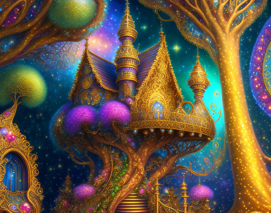 Glowing tree with golden house in starry night sky