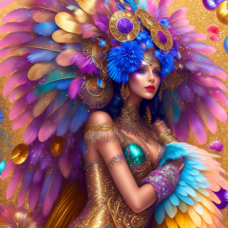 Woman in vibrant feather headdress and gem-embellished costume.