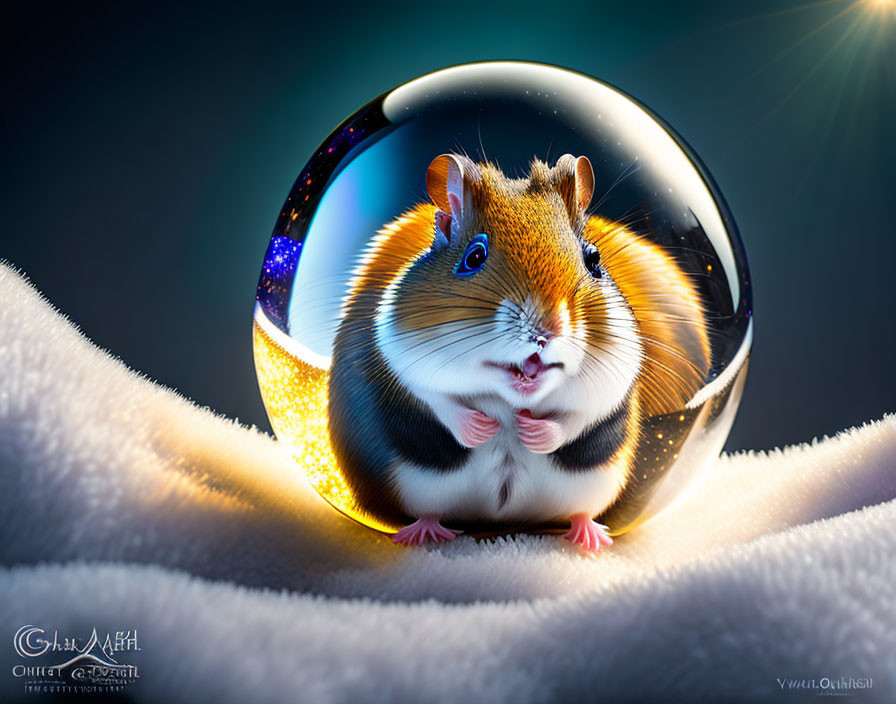 Hamster in transparent sphere with starry reflection on soft surface