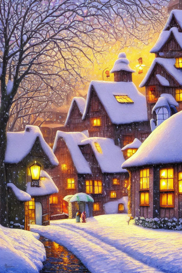 Snow-covered cottages, glowing windows, streetlamp, person with umbrella, serene snowy landscape