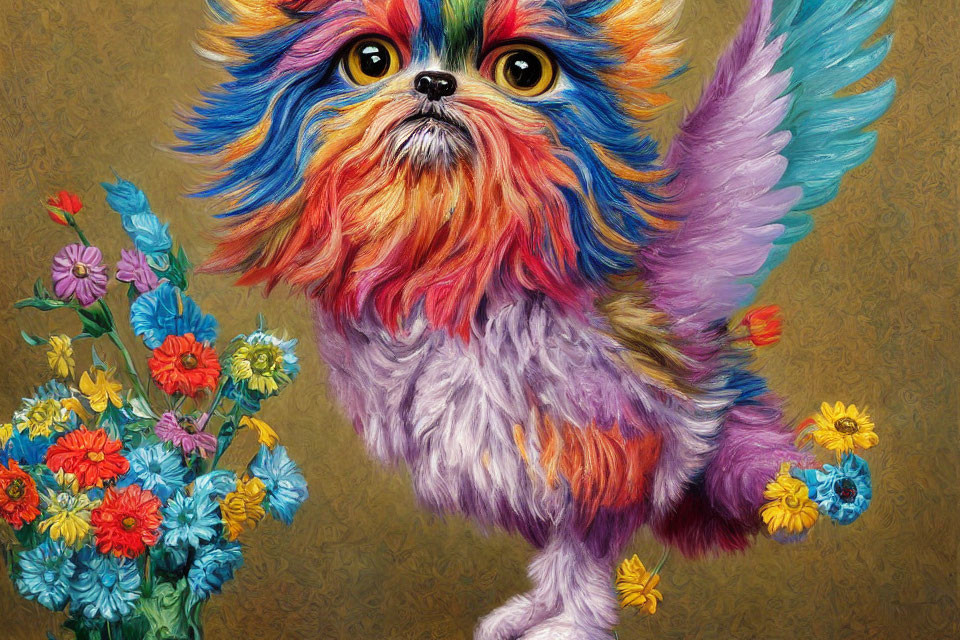 Colorful Winged Dog Creature with Flowers Illustration