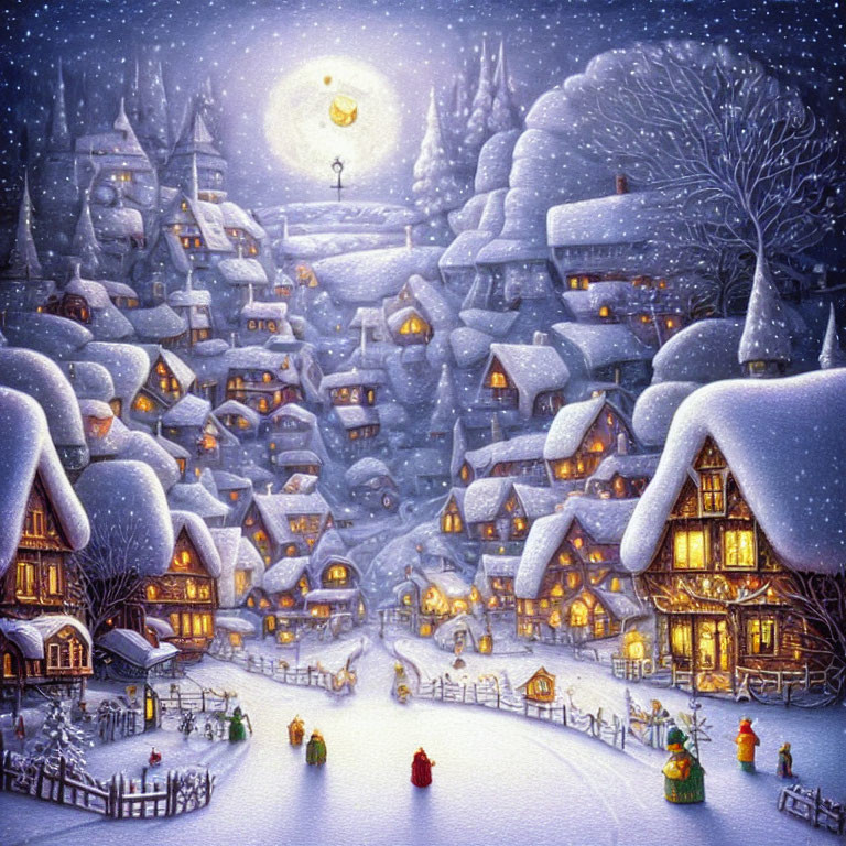 Snow-covered village at night with glowing windows, moonlit sky