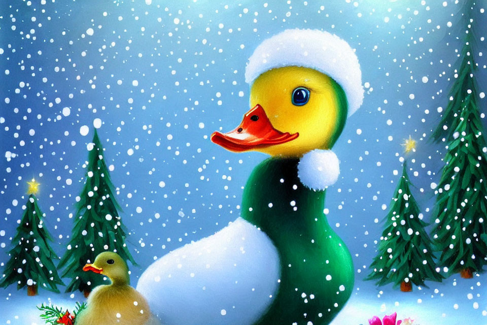 Vibrant illustration of yellow duck in Santa hat with duckling in snowy forest