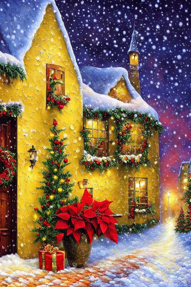 Festive Yellow House with Christmas Decorations and Snow at Night