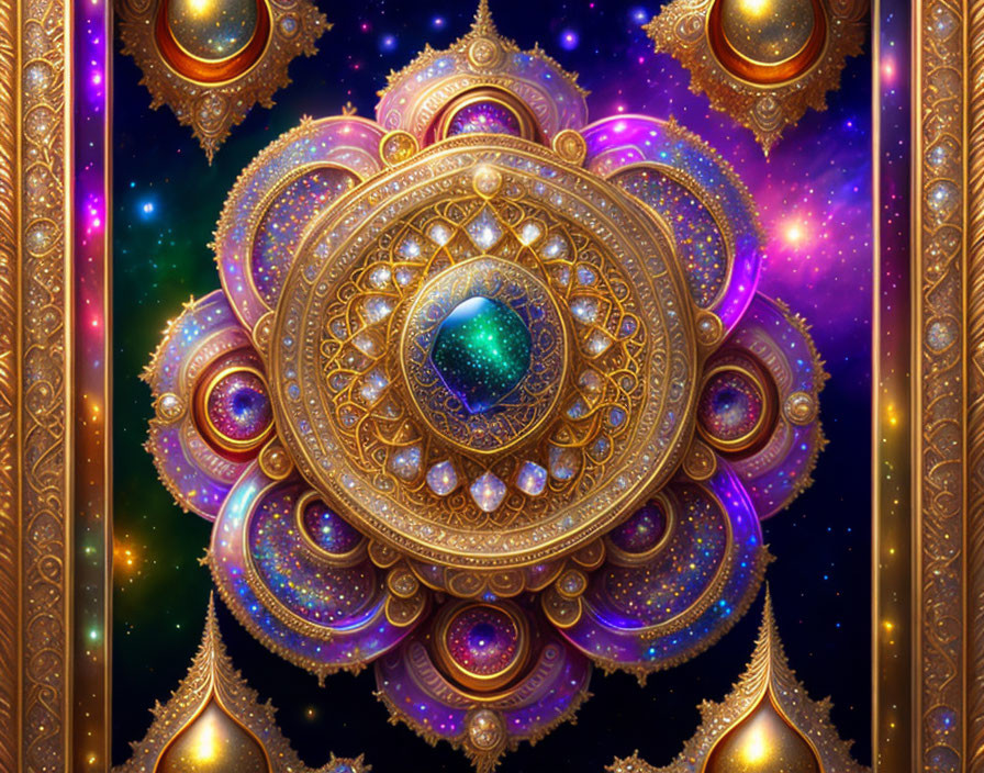 Intricate Gold Mandala with Gemstones on Cosmic Background