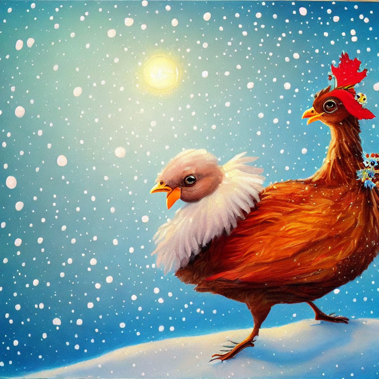Whimsical painting of chicken with human-like face in snowfall