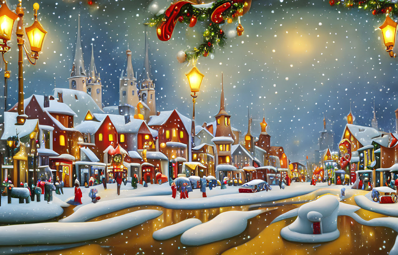 Snow-covered village scene with festive decorations and tranquil ambiance