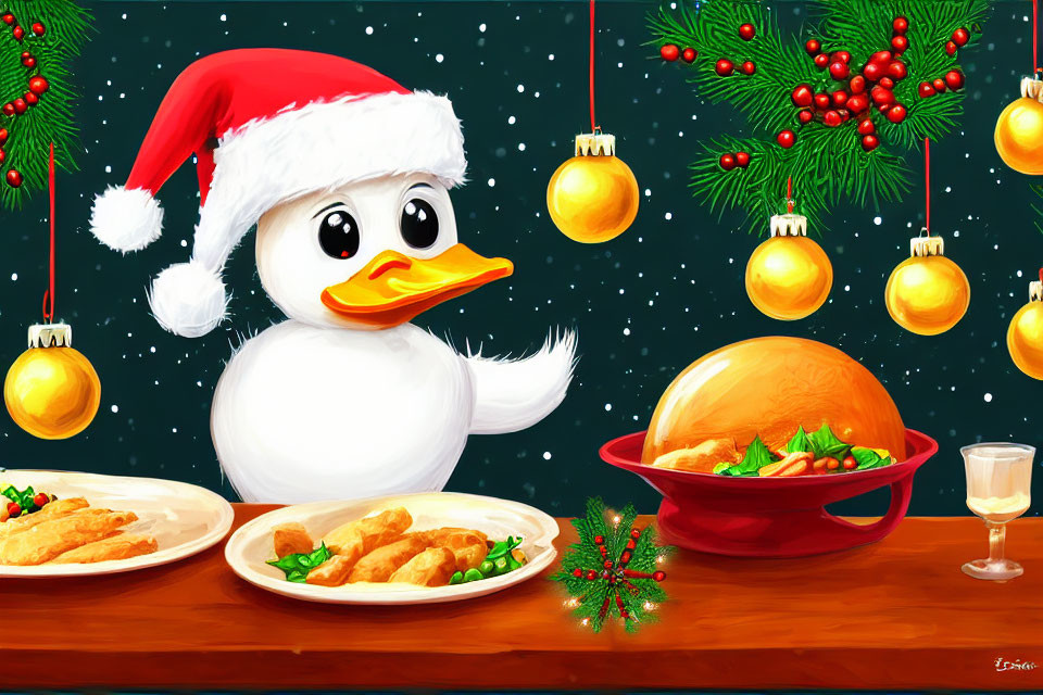 Festive Duck in Santa Hat with Holiday Feast and Decorations