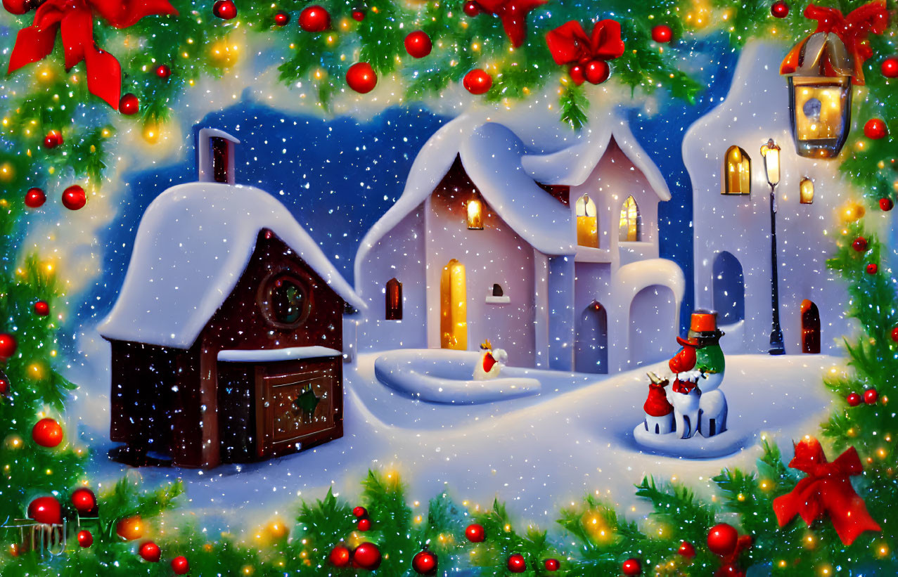 Snow-covered holiday village with street lamps, holly, decorations, snowman, and falling snowfl