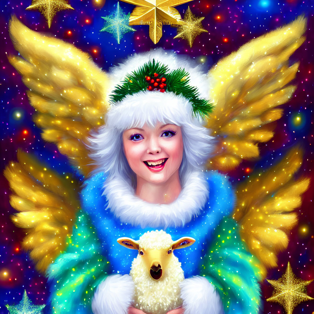 Festive angel with glowing wings holding a lamb on starry background