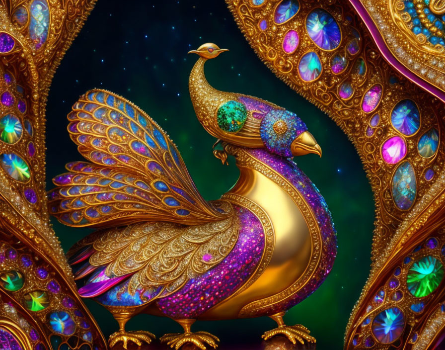 Colorful Jewel-Encrusted Peacock Artwork in Night Sky