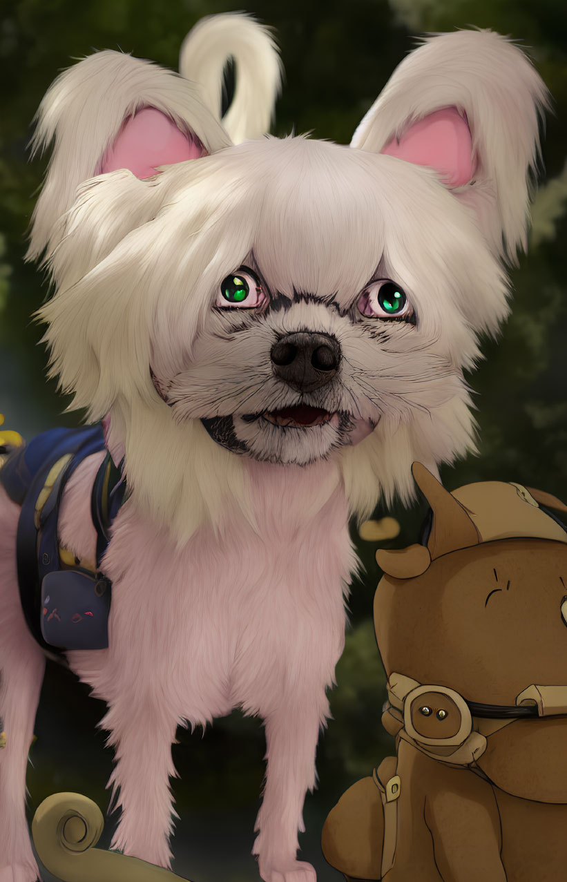 Pink anthropomorphic dog with green eyes and white tuft, blue backpack, beside brown teddy bear
