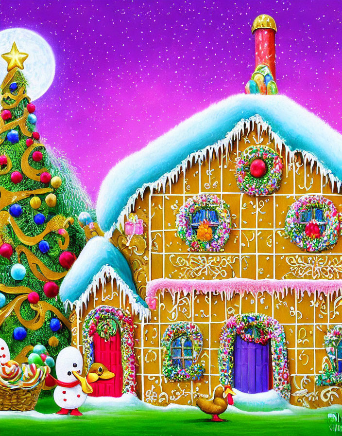 Whimsical gingerbread house with Christmas theme