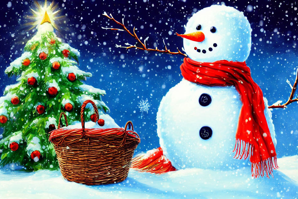 Snowman with red scarf and Christmas tree in snowy scene