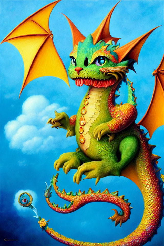 Colorful whimsical dragon illustration with orange wings and green scales against blue sky