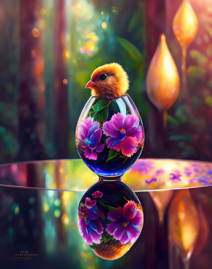 Fluffy chick on vase with purple flowers, reflected on surface, bokeh forest background
