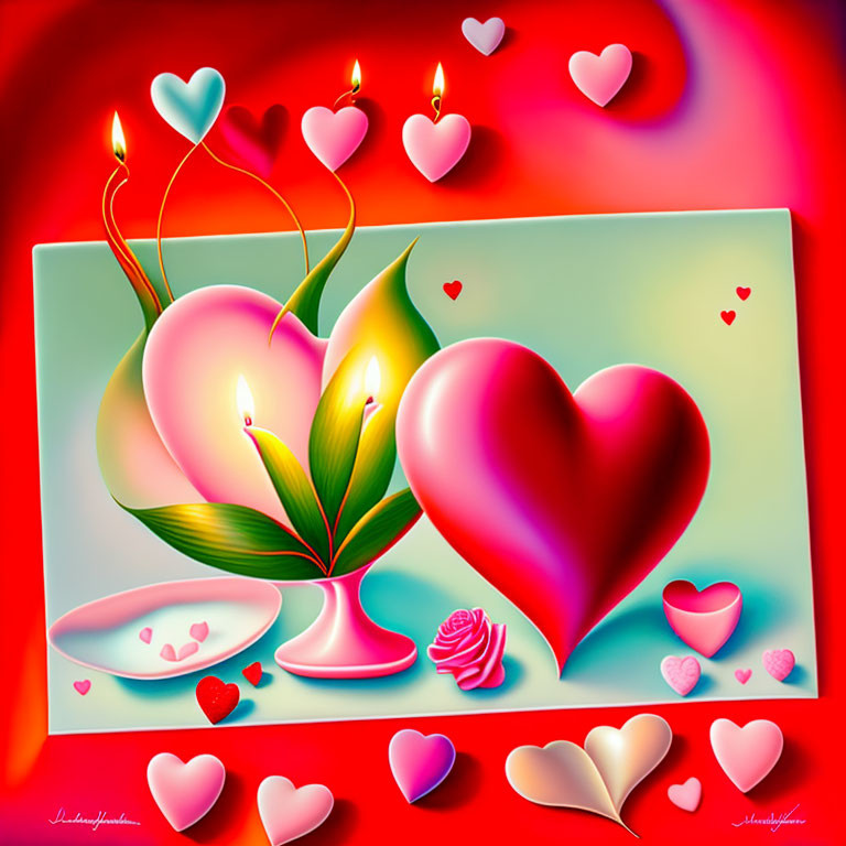 Romantic-themed digital artwork with hearts, candles, and flowers in red and pink.