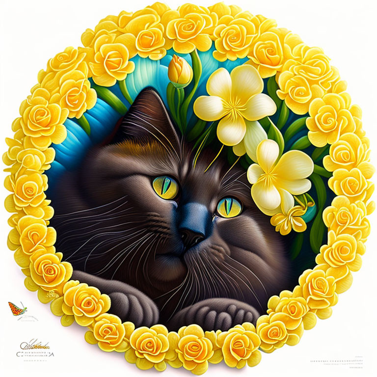 Brown Cat with Green Eyes in Floral Wreath and Butterfly Scene