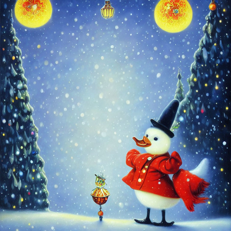 Cheerful snowman with lantern in snowy scene
