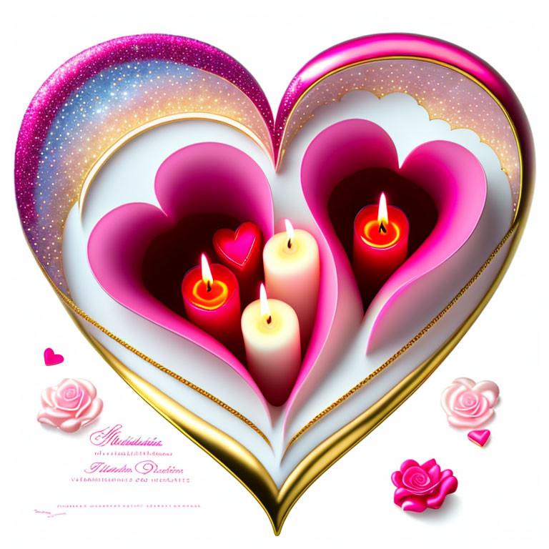 Layered heart graphic with candles and roses on white background